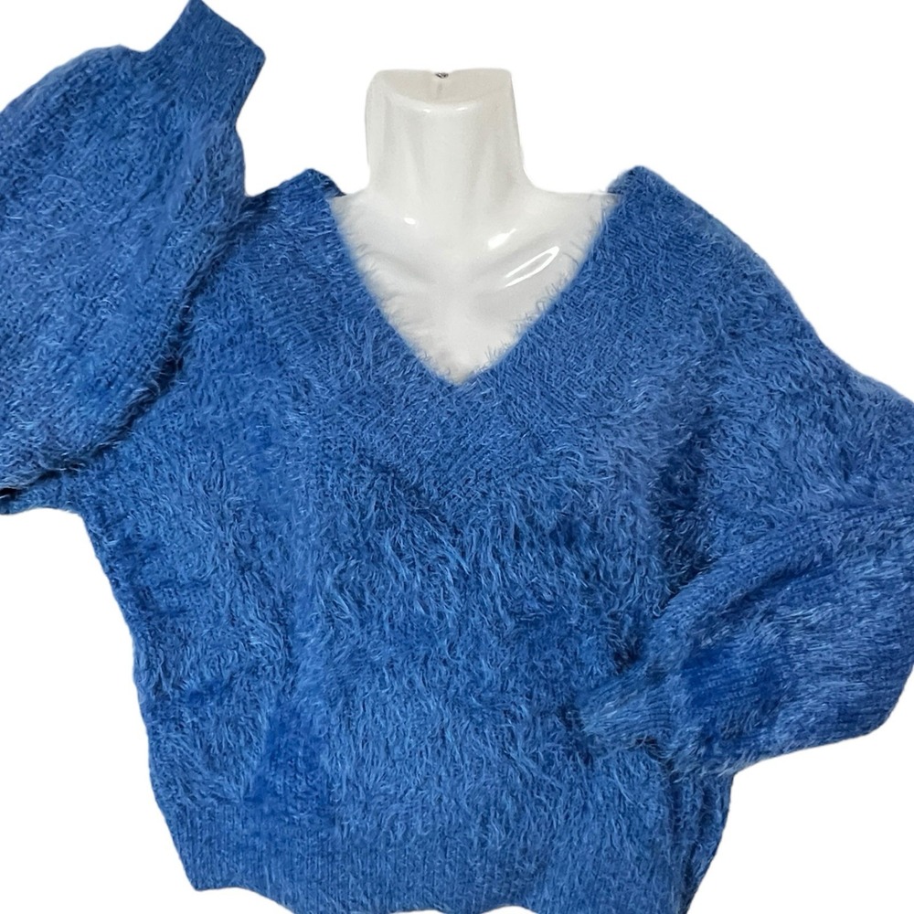 Womens Large Blue Fuzzy Soft‎ Shag Sweater Cross Neck Slouch Oversized Staccato